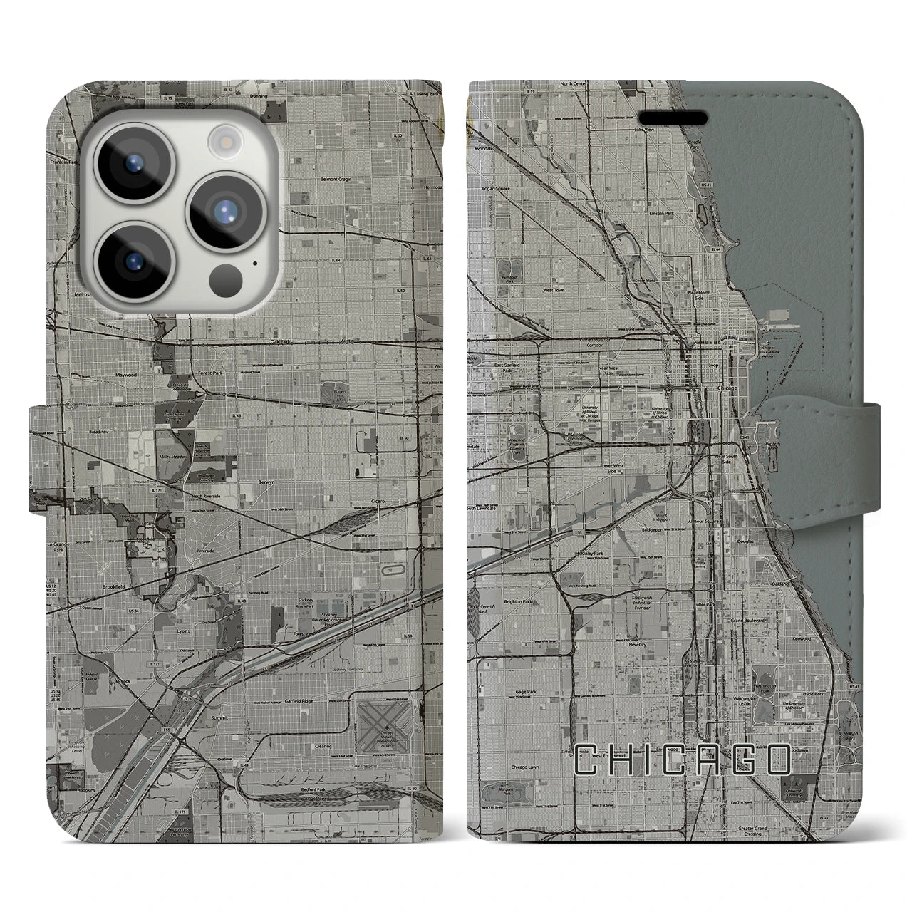 【シカゴ】地図柄iPhoneケース（手帳両面タイプ・モノトーン）iPhone 15 Pro 用