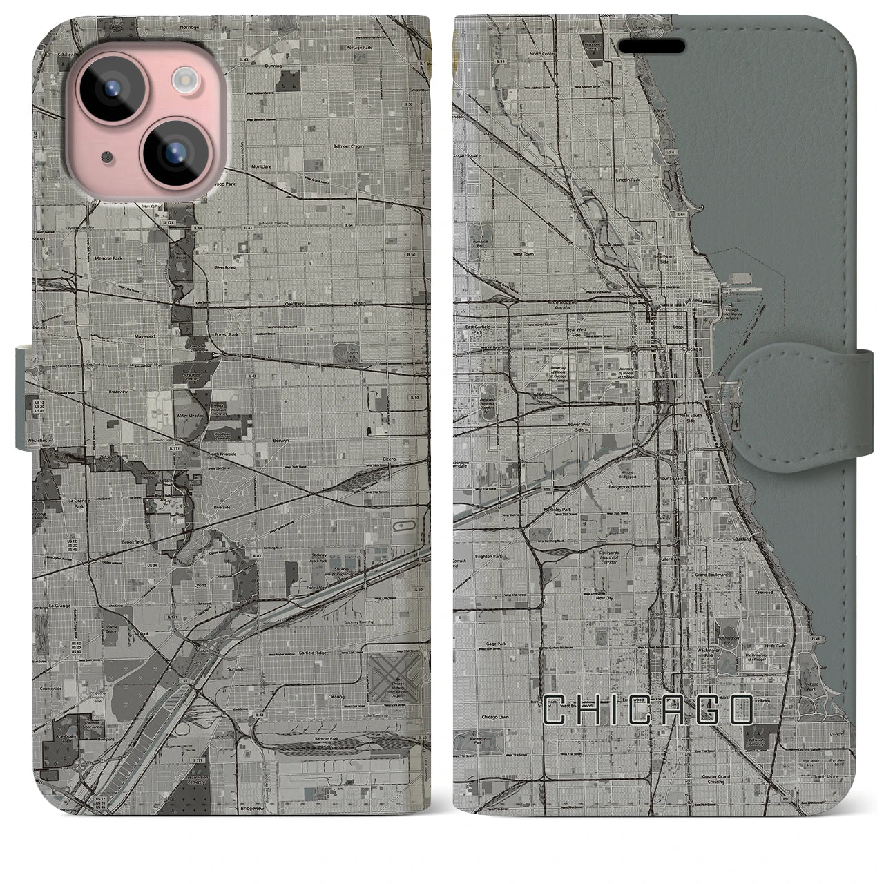 【シカゴ】地図柄iPhoneケース（手帳両面タイプ・モノトーン）iPhone 15 Plus 用