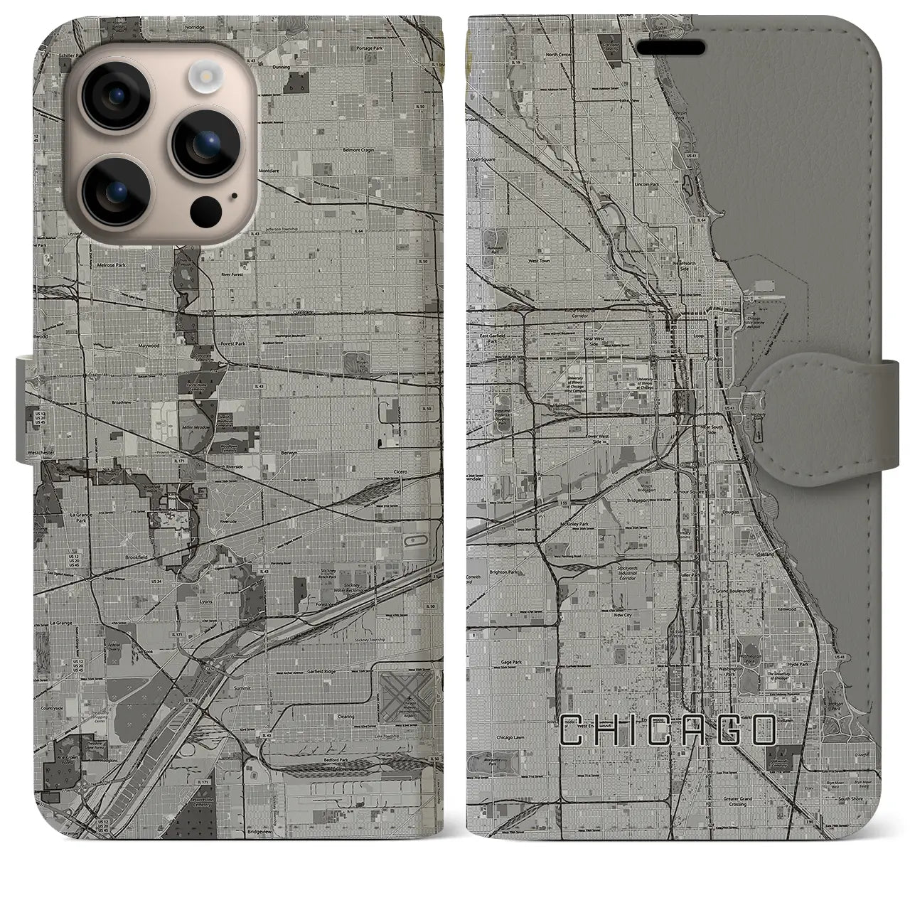 【シカゴ（アメリカ）】地図柄iPhoneケース（手帳タイプ）モノトーン・iPhone 16 Plus 用