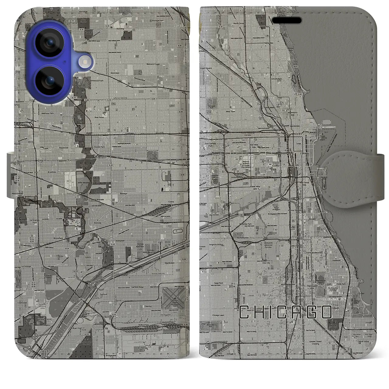【シカゴ（アメリカ）】地図柄iPhoneケース（手帳タイプ）モノトーン・iPhone 16 Pro Max 用