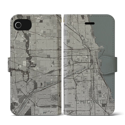 【シカゴ（アメリカ）】地図柄iPhoneケース（手帳タイプ）モノトーン・iPhone SE（第3 / 第2世代） / 8 / 7 / 6s / 6 用
