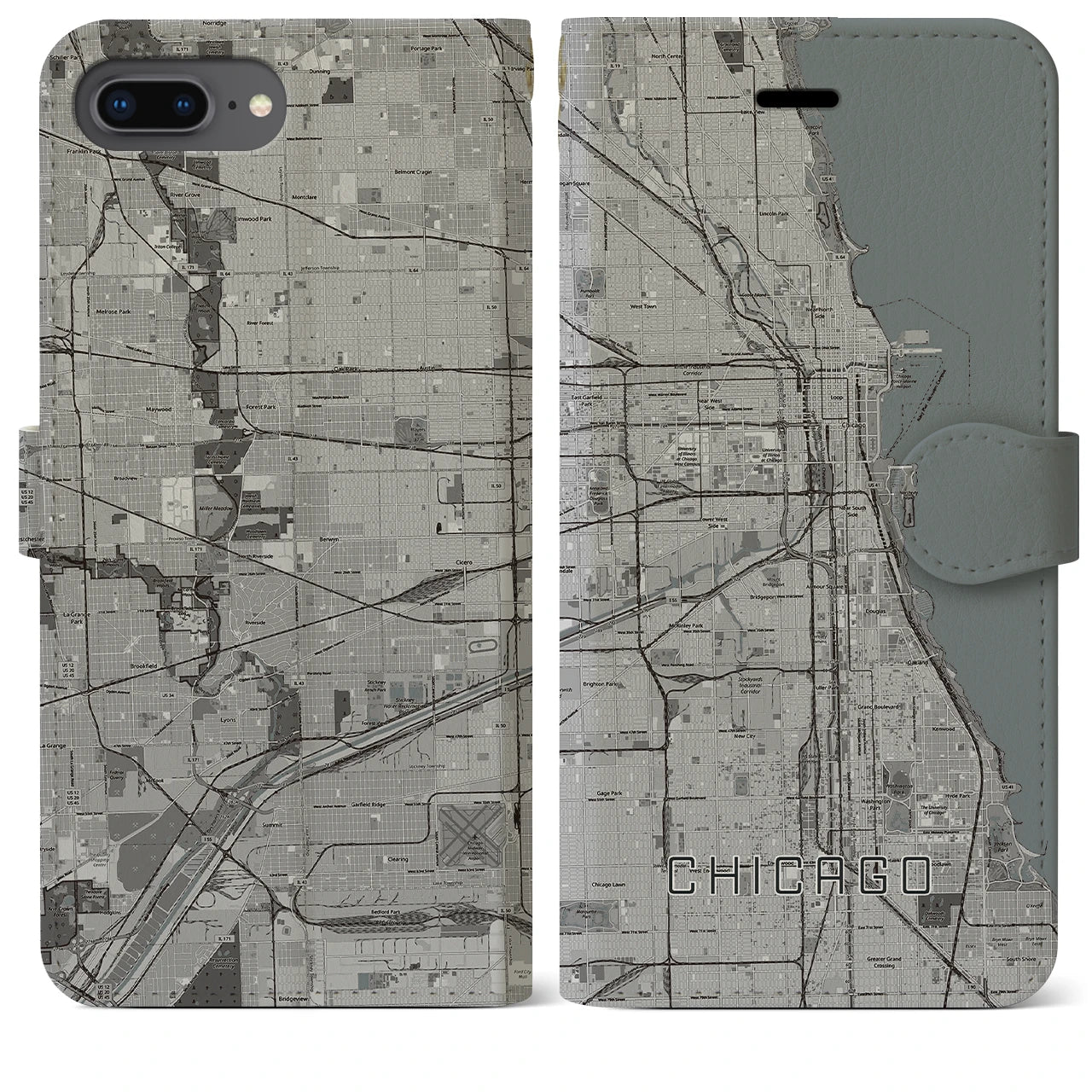 【シカゴ】地図柄iPhoneケース（手帳両面タイプ・モノトーン）iPhone 8Plus /7Plus / 6sPlus / 6Plus 用