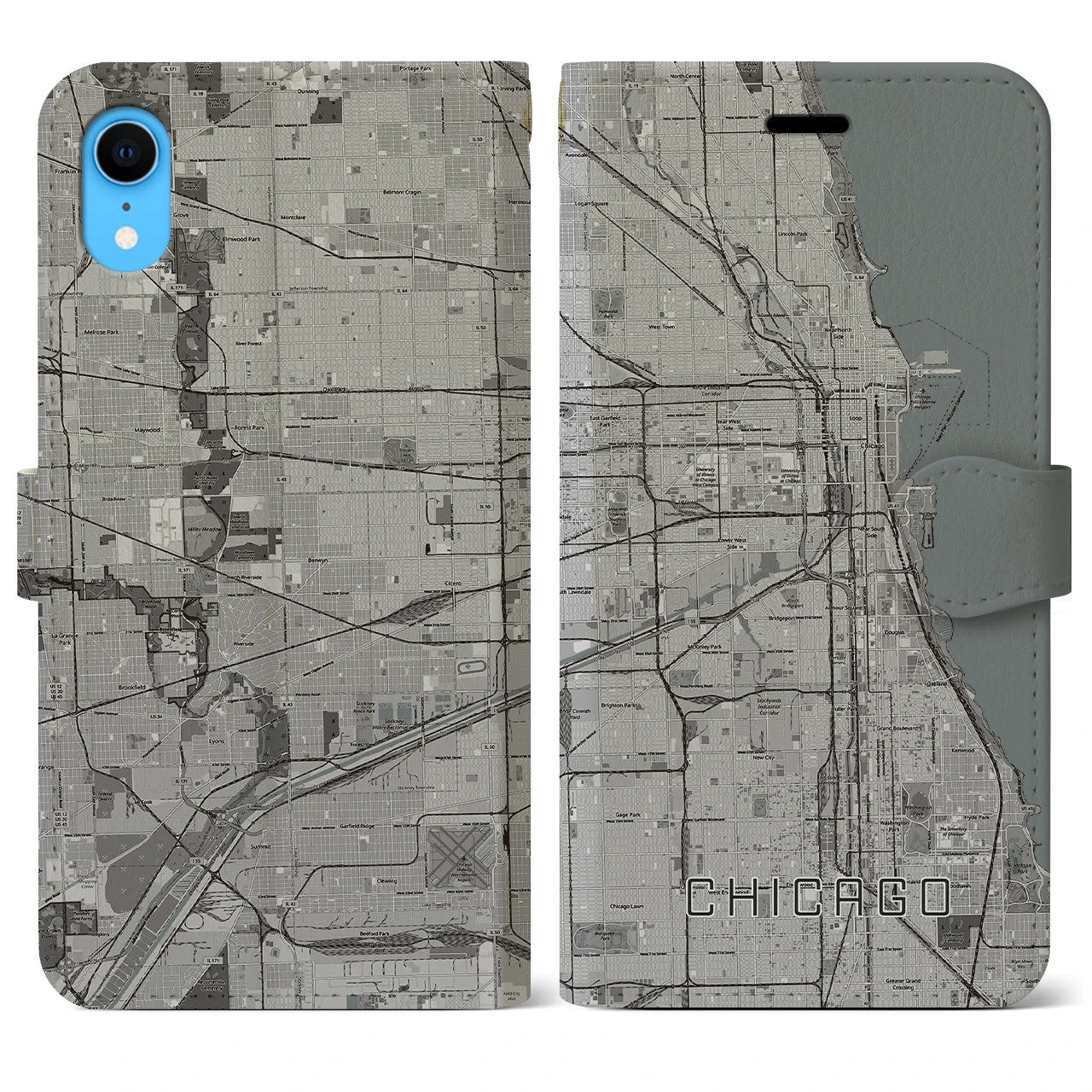 【シカゴ】地図柄iPhoneケース（手帳両面タイプ・モノトーン）iPhone XR 用