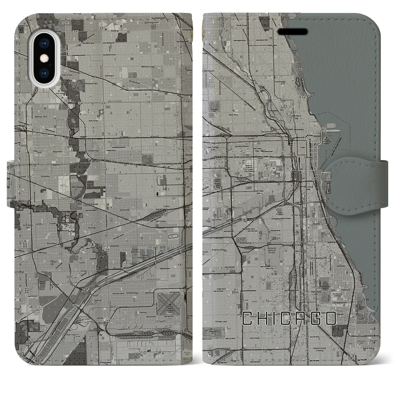 【シカゴ】地図柄iPhoneケース（手帳両面タイプ・モノトーン）iPhone XS Max 用