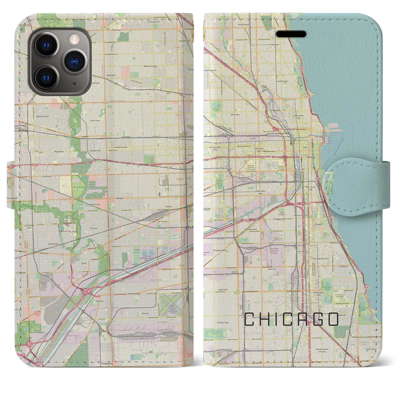 【シカゴ】地図柄iPhoneケース（手帳両面タイプ・ナチュラル）iPhone 11 Pro Max 用