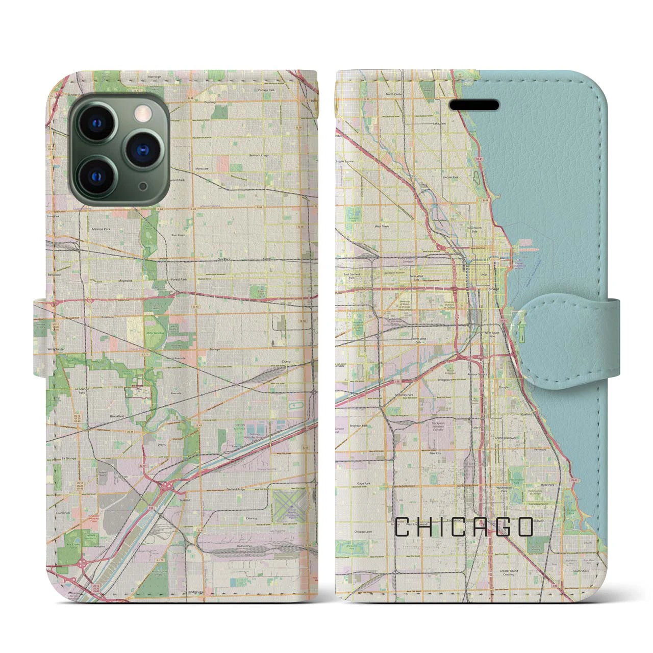 【シカゴ】地図柄iPhoneケース（手帳両面タイプ・ナチュラル）iPhone 11 Pro 用
