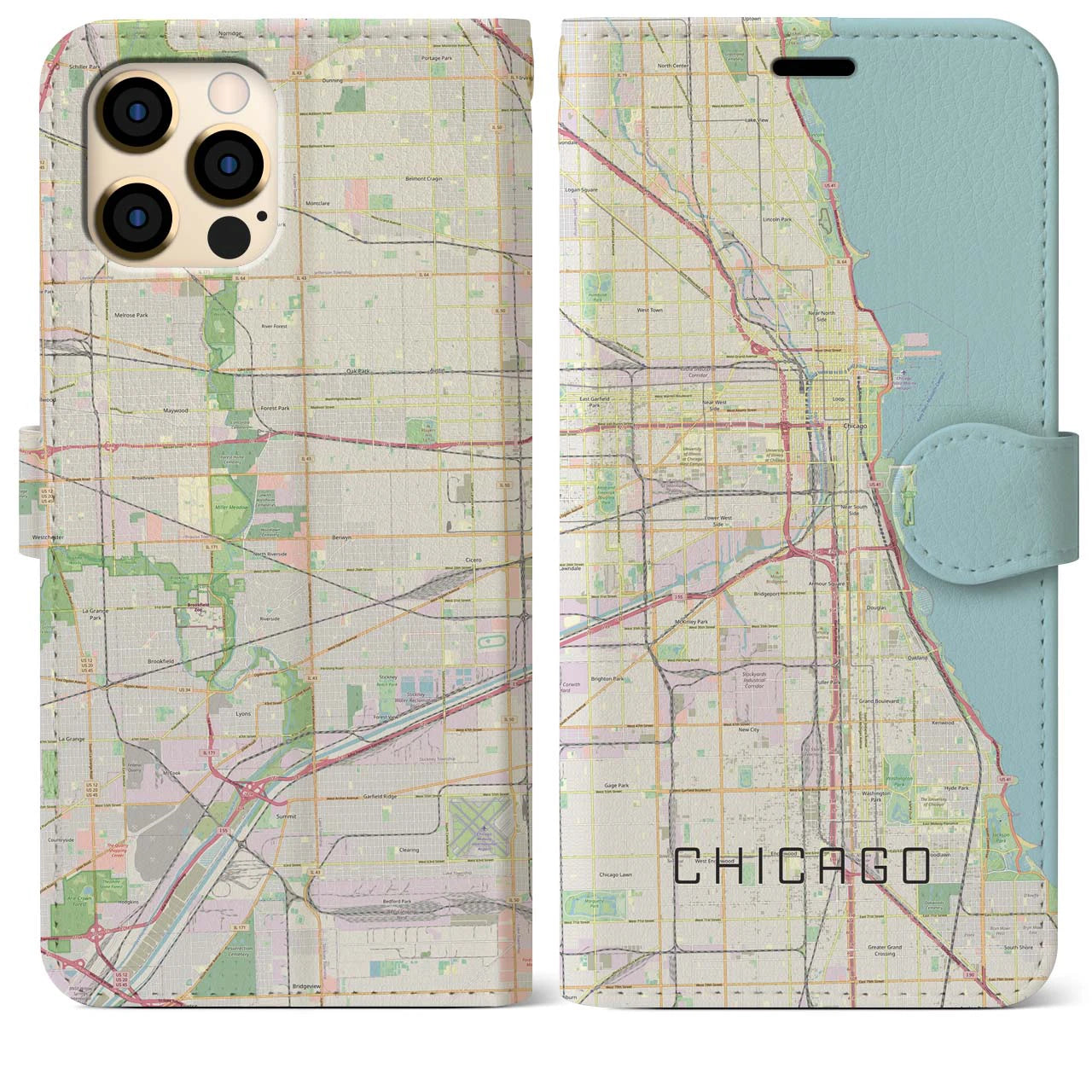 【シカゴ】地図柄iPhoneケース（手帳両面タイプ・ナチュラル）iPhone 12 Pro Max 用