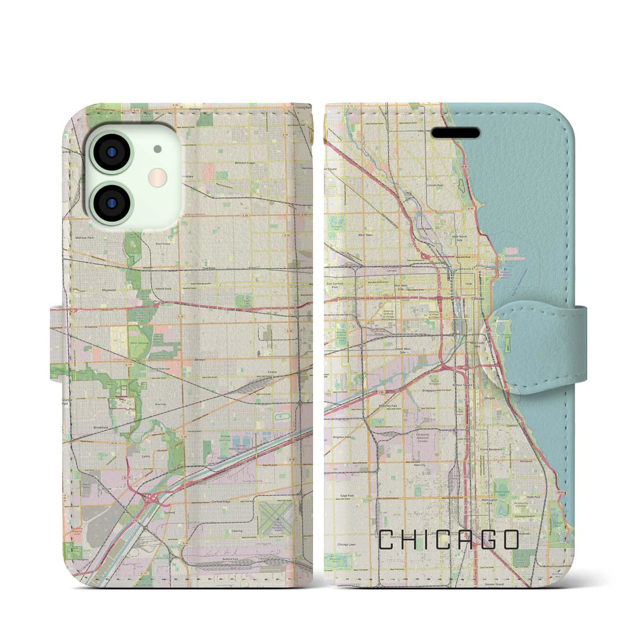 【シカゴ】地図柄iPhoneケース（手帳両面タイプ・ナチュラル）iPhone 12 mini 用