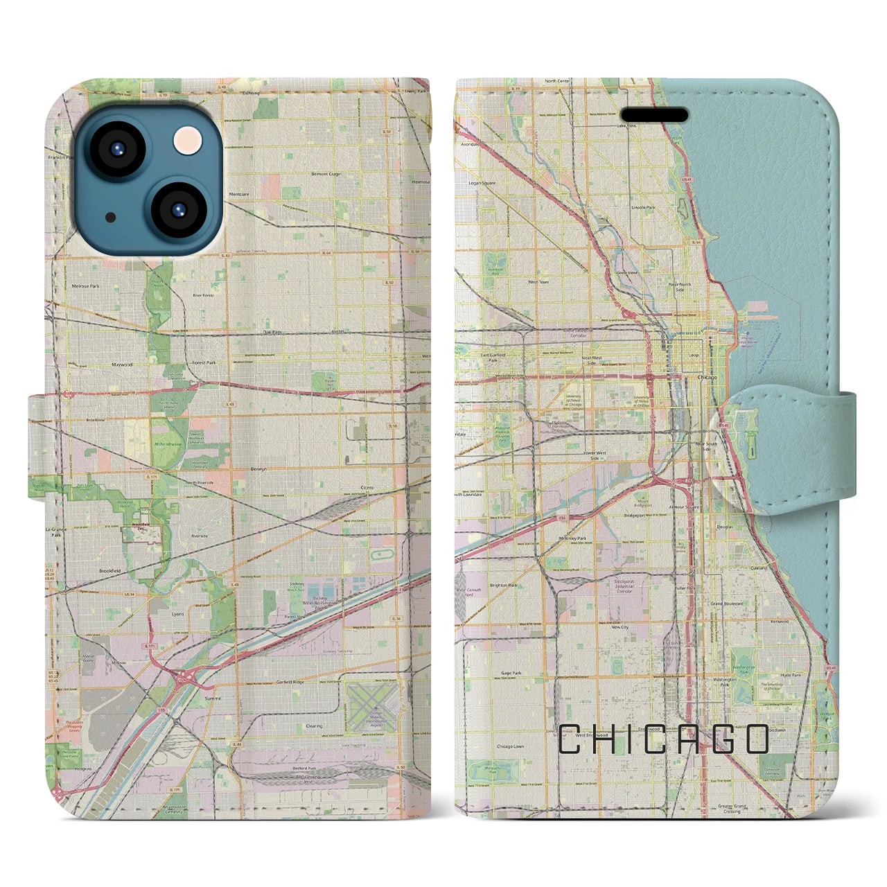【シカゴ】地図柄iPhoneケース（手帳両面タイプ・ナチュラル）iPhone 13 用