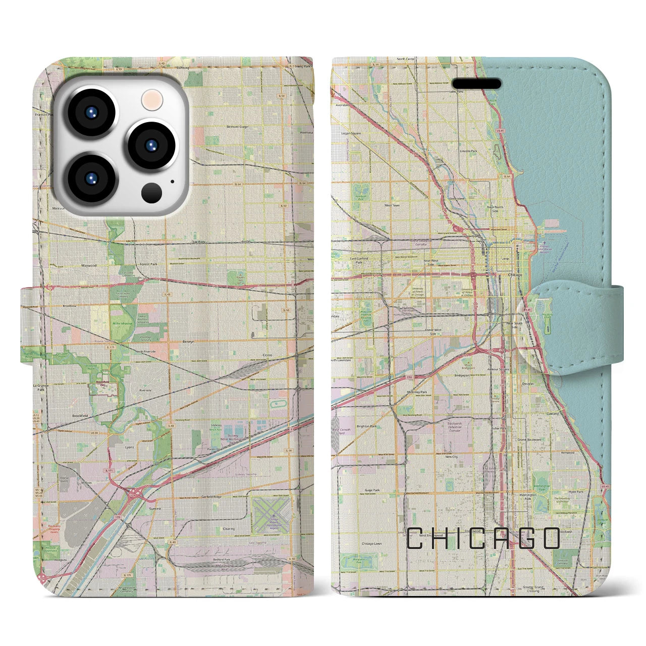 【シカゴ】地図柄iPhoneケース（手帳両面タイプ・ナチュラル）iPhone 13 Pro 用