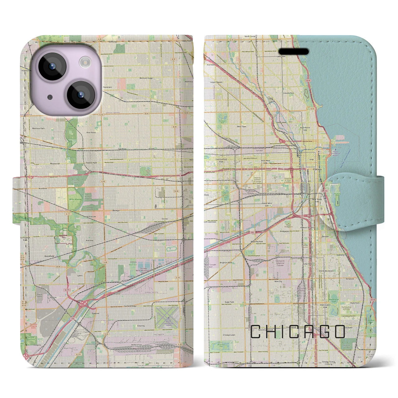 【シカゴ】地図柄iPhoneケース（手帳両面タイプ・ナチュラル）iPhone 14 用