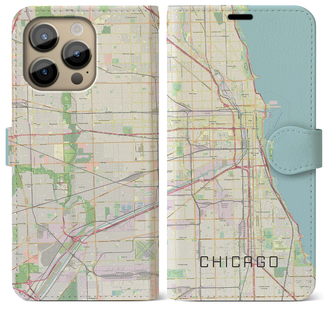 【シカゴ】地図柄iPhoneケース（手帳両面タイプ・ナチュラル）iPhone 14 Pro Max 用