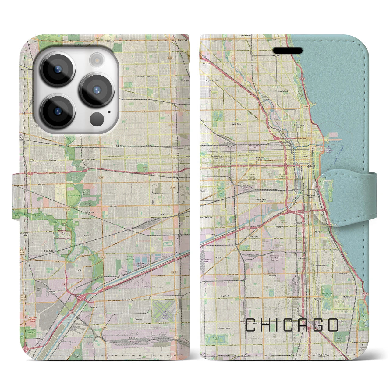 【シカゴ】地図柄iPhoneケース（手帳両面タイプ・ナチュラル）iPhone 14 Pro 用
