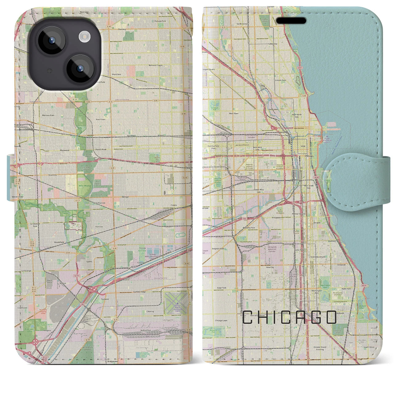 【シカゴ】地図柄iPhoneケース（手帳両面タイプ・ナチュラル）iPhone 14 Plus 用