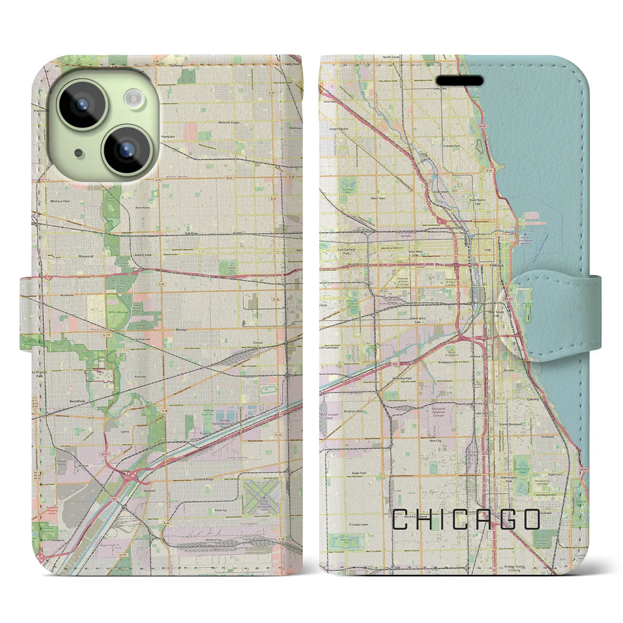 【シカゴ】地図柄iPhoneケース（手帳両面タイプ・ナチュラル）iPhone 15 用