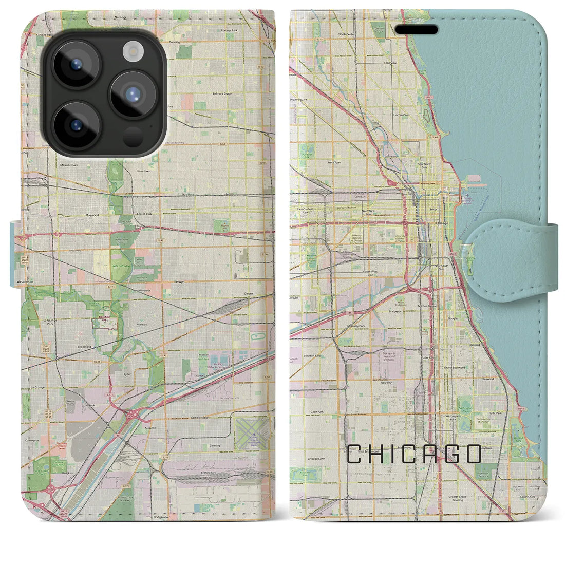 【シカゴ】地図柄iPhoneケース（手帳両面タイプ・ナチュラル）iPhone 15 Pro Max 用