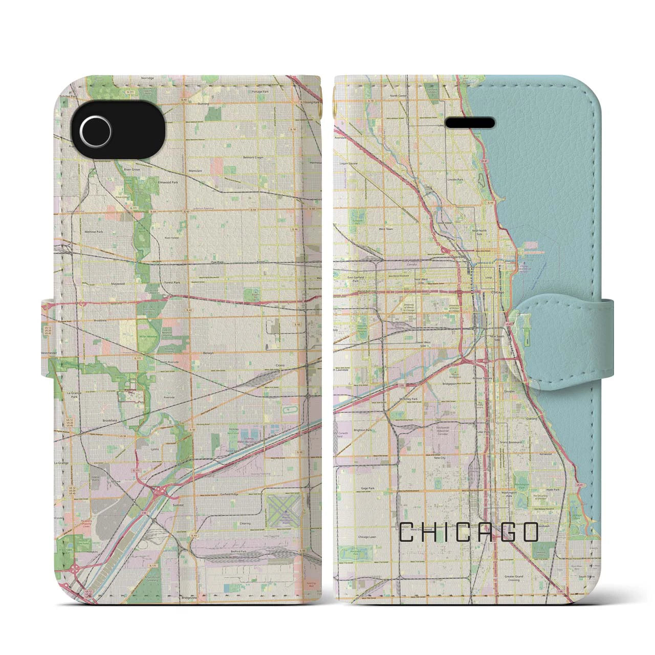 【シカゴ】地図柄iPhoneケース（手帳両面タイプ・ナチュラル）iPhone SE（第3 / 第2世代） / 8 / 7 / 6s / 6 用