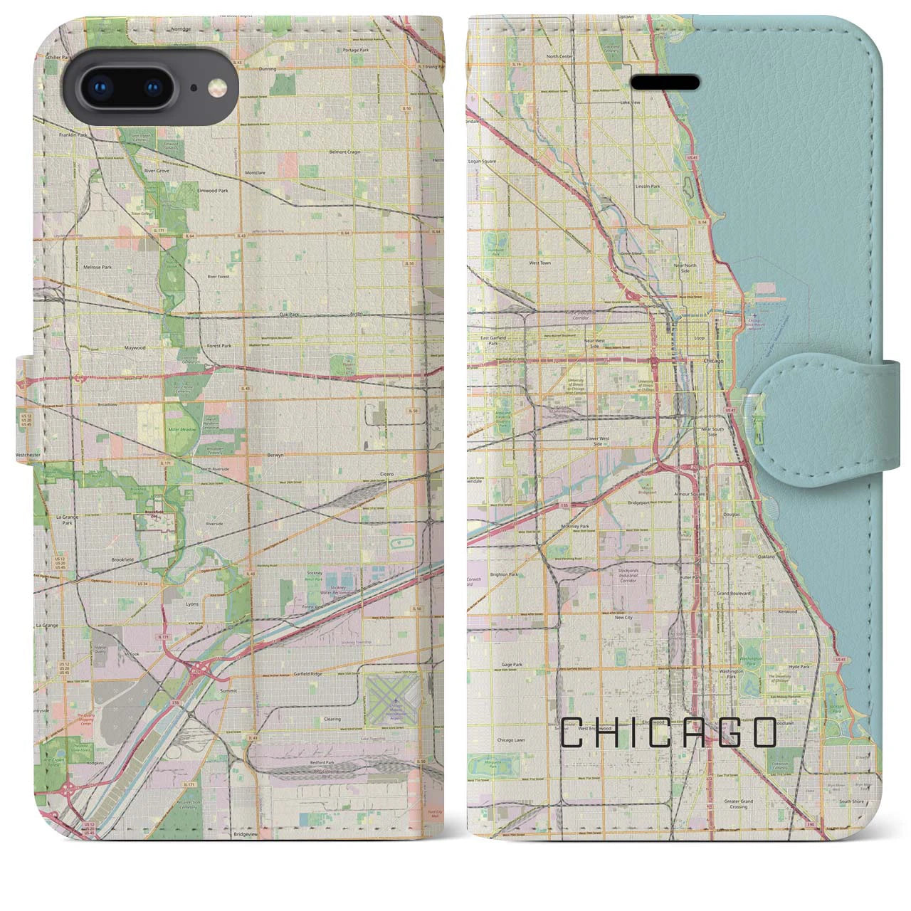 【シカゴ】地図柄iPhoneケース（手帳両面タイプ・ナチュラル）iPhone 8Plus /7Plus / 6sPlus / 6Plus 用
