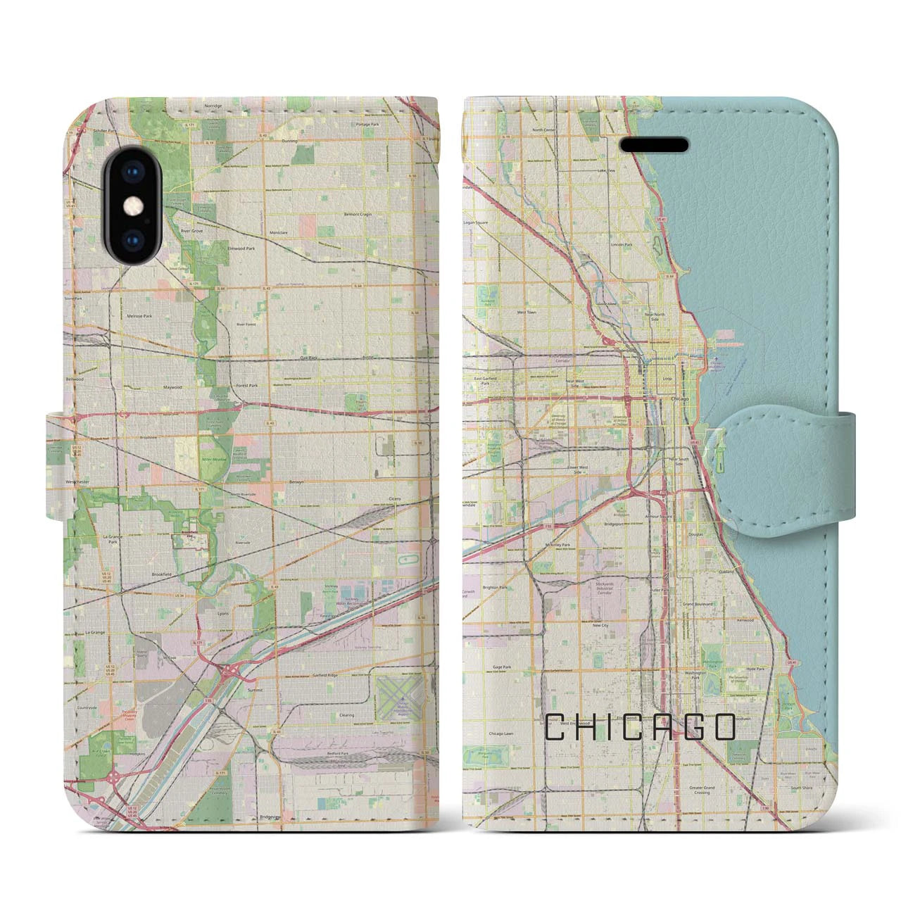 【シカゴ】地図柄iPhoneケース（手帳両面タイプ・ナチュラル）iPhone XS / X 用