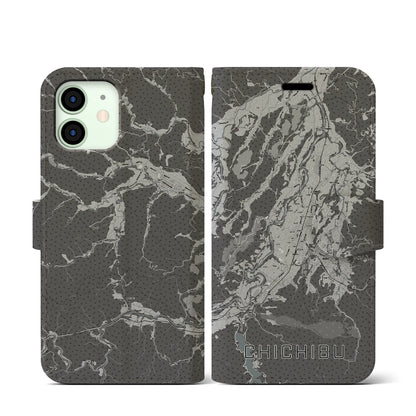 【秩父（埼玉県）】地図柄iPhoneケース（手帳タイプ）モノトーン・iPhone 12 mini 用
