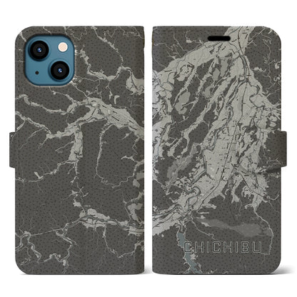 【秩父（埼玉県）】地図柄iPhoneケース（手帳タイプ）モノトーン・iPhone 13 用