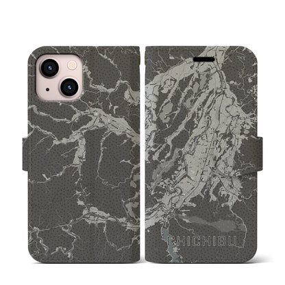【秩父（埼玉県）】地図柄iPhoneケース（手帳タイプ）モノトーン・iPhone 13 mini 用