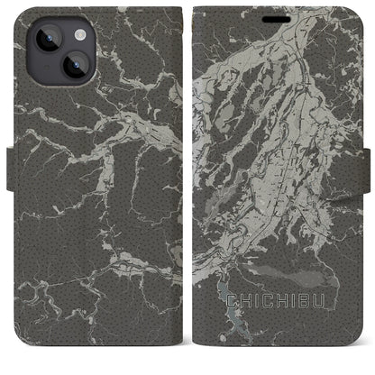 【秩父（埼玉県）】地図柄iPhoneケース（手帳タイプ）モノトーン・iPhone 14 Plus 用