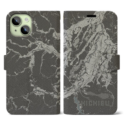 【秩父（埼玉県）】地図柄iPhoneケース（手帳タイプ）モノトーン・iPhone 15 用