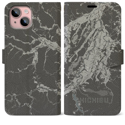 【秩父（埼玉県）】地図柄iPhoneケース（手帳タイプ）モノトーン・iPhone 15 Plus 用