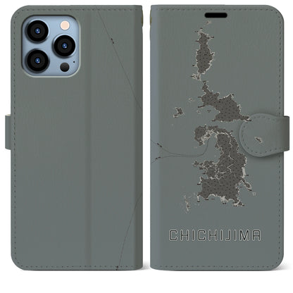 【父島（東京都）】地図柄iPhoneケース（手帳タイプ）モノトーン・iPhone 13 Pro Max 用