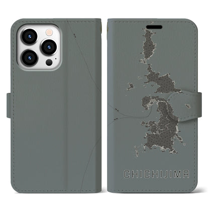 【父島（東京都）】地図柄iPhoneケース（手帳タイプ）モノトーン・iPhone 13 Pro 用