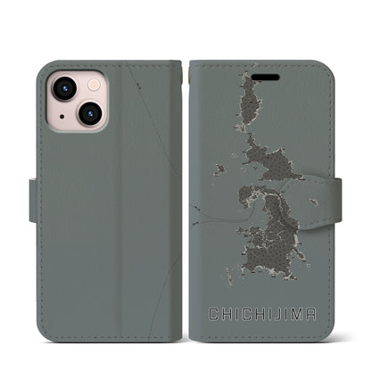 【父島（東京都）】地図柄iPhoneケース（手帳タイプ）モノトーン・iPhone 13 mini 用