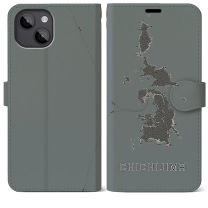 【父島（東京都）】地図柄iPhoneケース（手帳タイプ）モノトーン・iPhone 14 Plus 用
