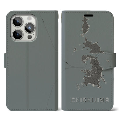 【父島（東京都）】地図柄iPhoneケース（手帳タイプ）モノトーン・iPhone 15 Pro 用