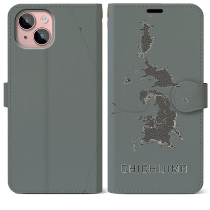 【父島（東京都）】地図柄iPhoneケース（手帳タイプ）モノトーン・iPhone 15 Plus 用