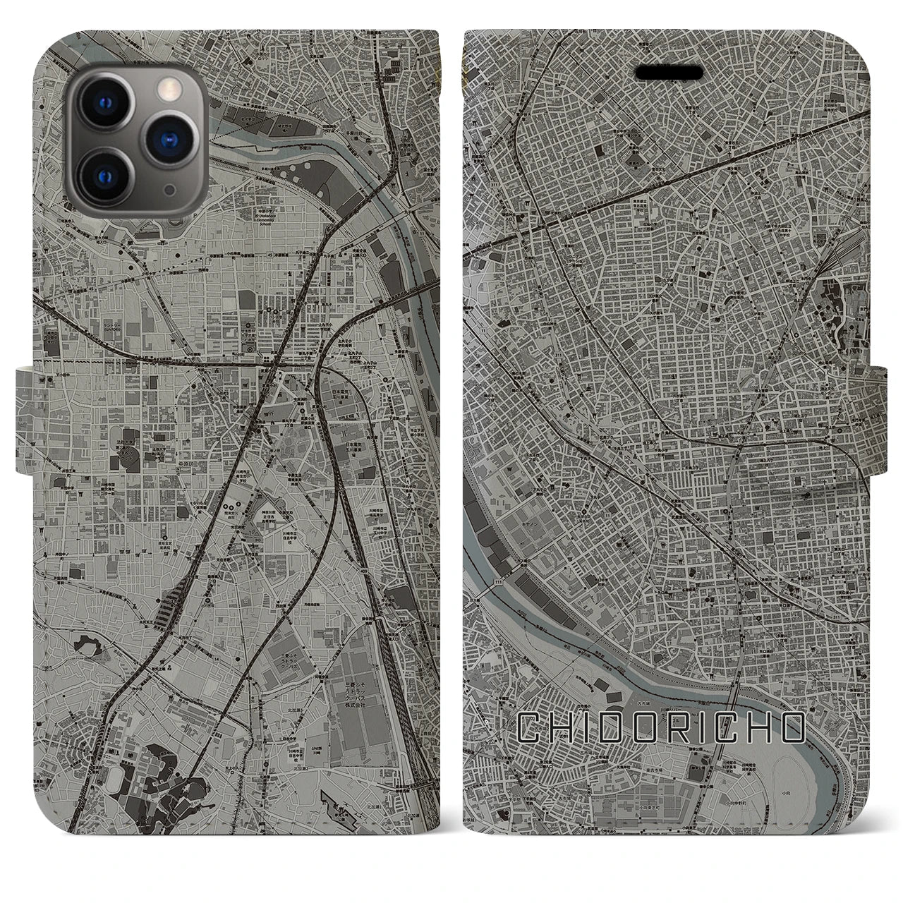 【千鳥町】地図柄iPhoneケース（手帳両面タイプ・モノトーン）iPhone 11 Pro Max 用