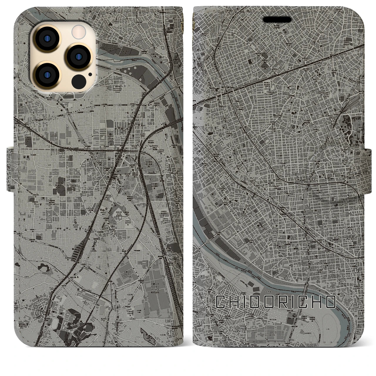 【千鳥町】地図柄iPhoneケース（手帳両面タイプ・モノトーン）iPhone 12 Pro Max 用