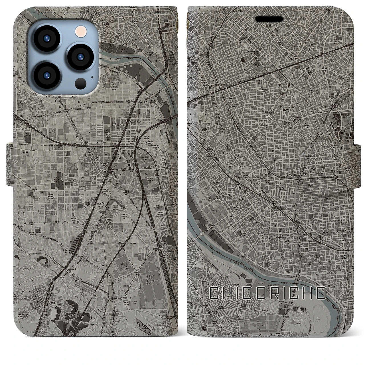 【千鳥町】地図柄iPhoneケース（手帳両面タイプ・モノトーン）iPhone 13 Pro Max 用