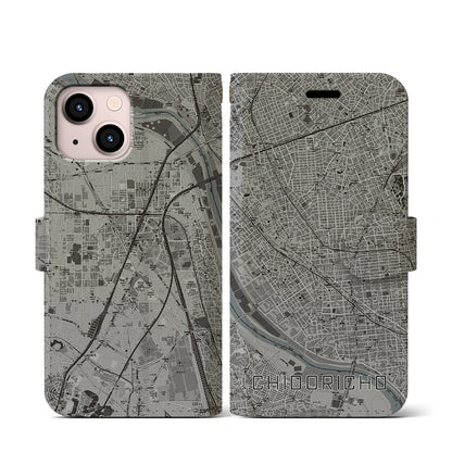 【千鳥町（東京都）】地図柄iPhoneケース（手帳タイプ）モノトーン・iPhone 13 mini 用