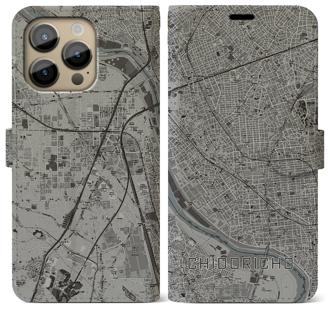 【千鳥町】地図柄iPhoneケース（手帳両面タイプ・モノトーン）iPhone 14 Pro Max 用