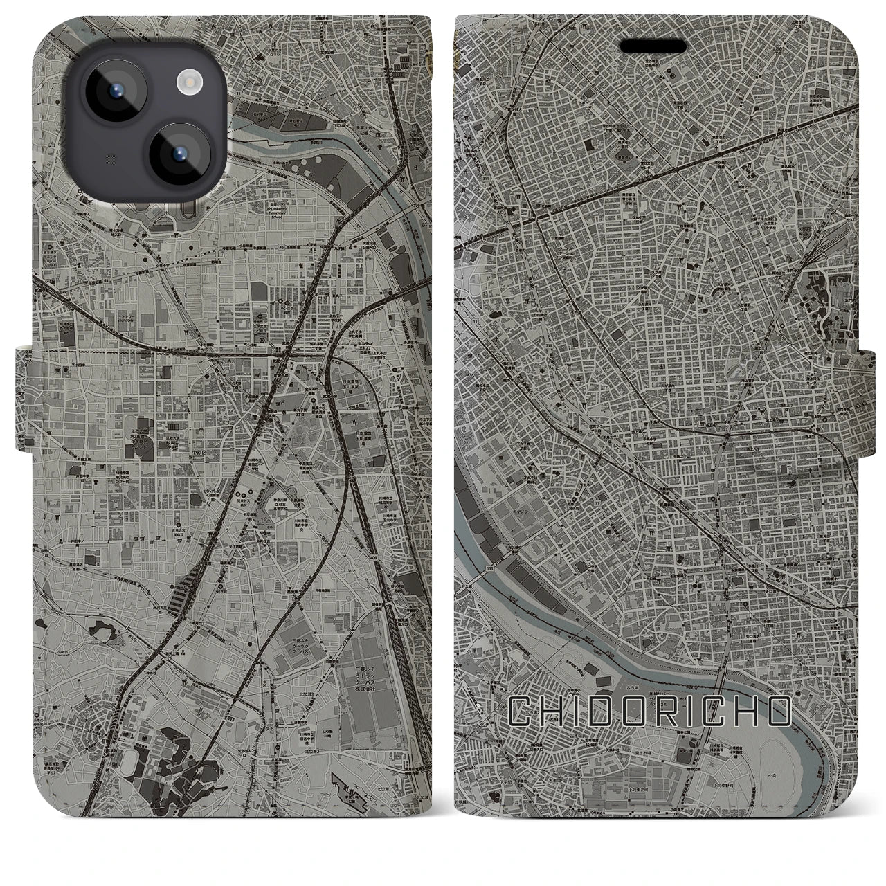 【千鳥町】地図柄iPhoneケース（手帳両面タイプ・モノトーン）iPhone 14 Plus 用