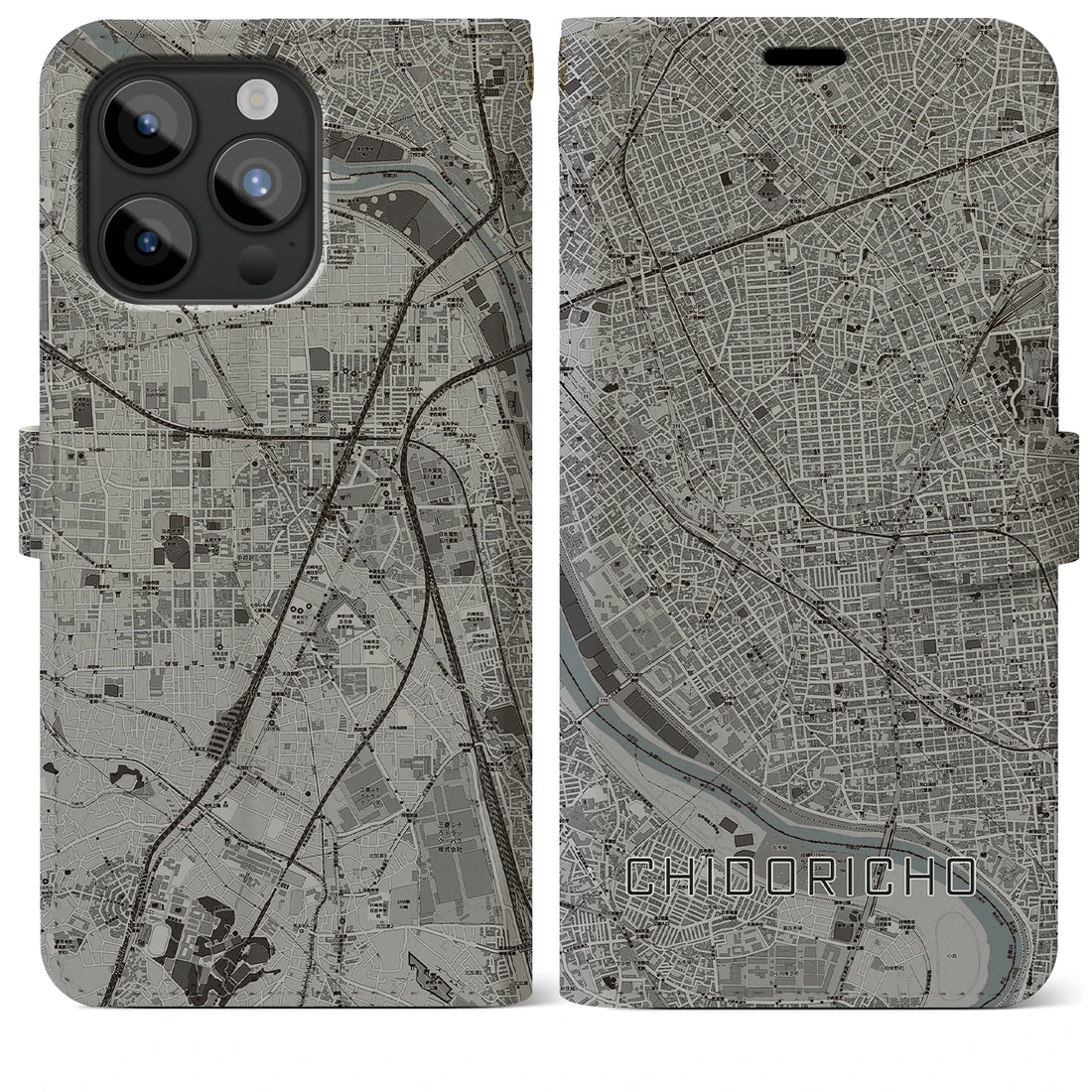 【千鳥町】地図柄iPhoneケース（手帳両面タイプ・モノトーン）iPhone 15 Pro Max 用