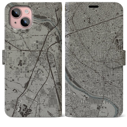 【千鳥町（東京都）】地図柄iPhoneケース（手帳タイプ）モノトーン・iPhone 15 Plus 用