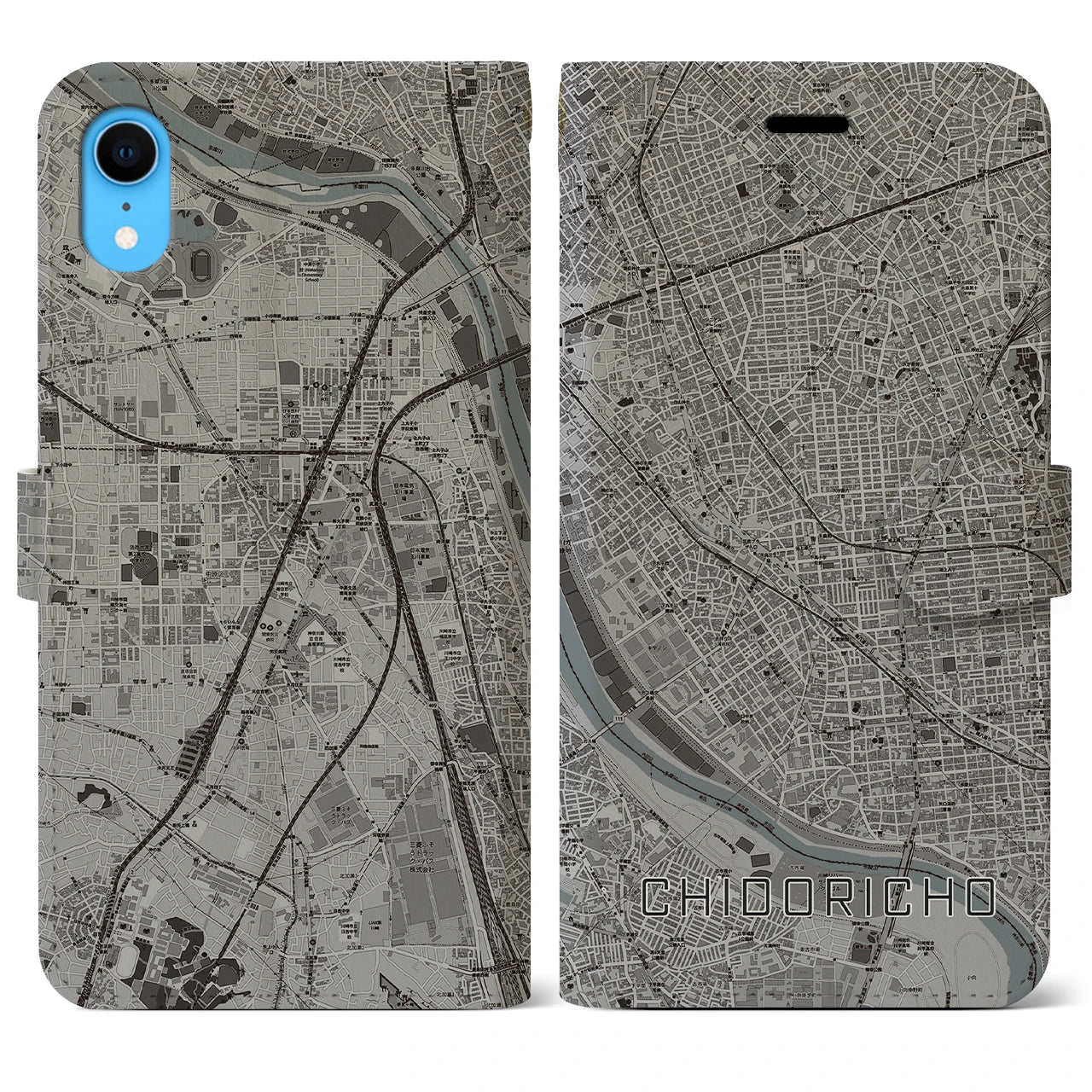 【千鳥町】地図柄iPhoneケース（手帳両面タイプ・モノトーン）iPhone XR 用