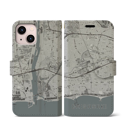 【茅ヶ崎2（神奈川県）】地図柄iPhoneケース（手帳タイプ）モノトーン・iPhone 13 mini 用