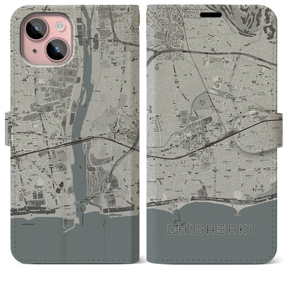 【茅ヶ崎2（神奈川県）】地図柄iPhoneケース（手帳タイプ）モノトーン・iPhone 15 Plus 用