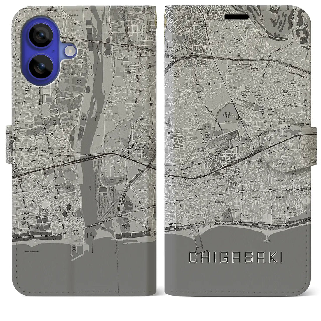 【茅ヶ崎2(神奈川県)】地図柄iPhoneケース(手帳タイプ)モノトーン・iPhone 16 Pro Max 用