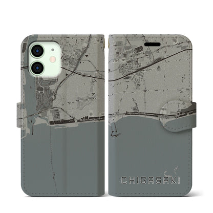 【茅ヶ崎（神奈川県）】地図柄iPhoneケース（手帳タイプ）モノトーン・iPhone 12 mini 用