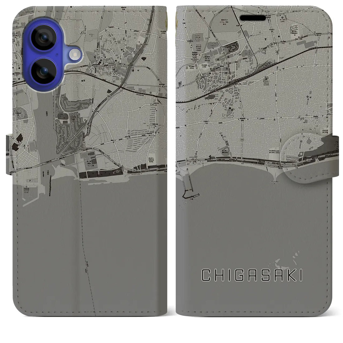 【茅ヶ崎(神奈川県)】地図柄iPhoneケース(手帳タイプ)モノトーン・iPhone 16 Pro Max 用