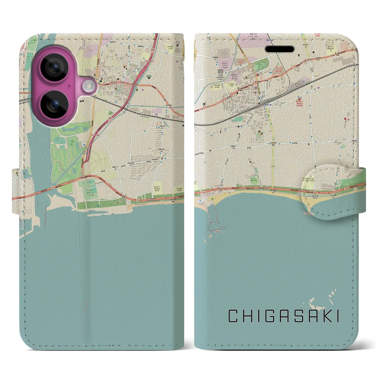 【茅ヶ崎（神奈川県）】地図柄iPhoneケース（手帳タイプ）ナチュラル・iPhone 16 Pro 用